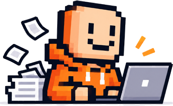 Staffie, a pixel-art office worker typing on a laptop